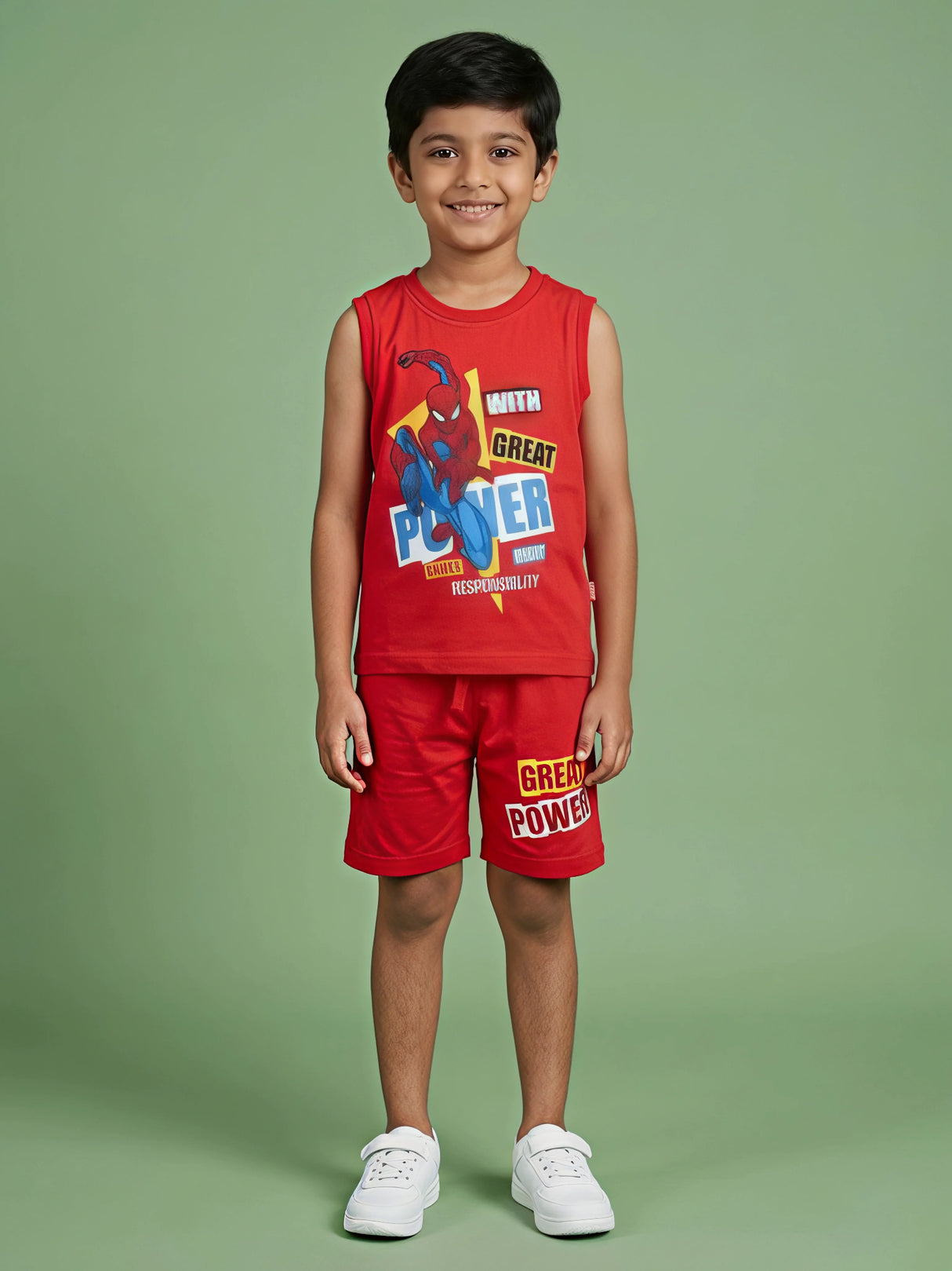 Boys Red Spiderman Graphic Cotton Vest and Shorts Set