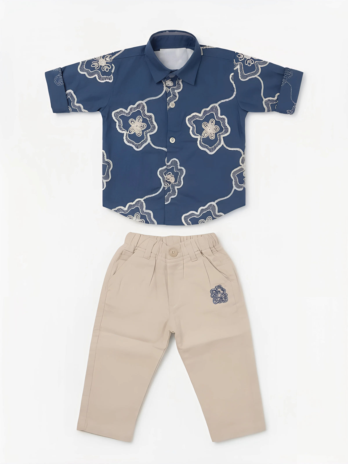Boys Navy Blue Floral Print Shirt and Beige Trousers Co-ord Set