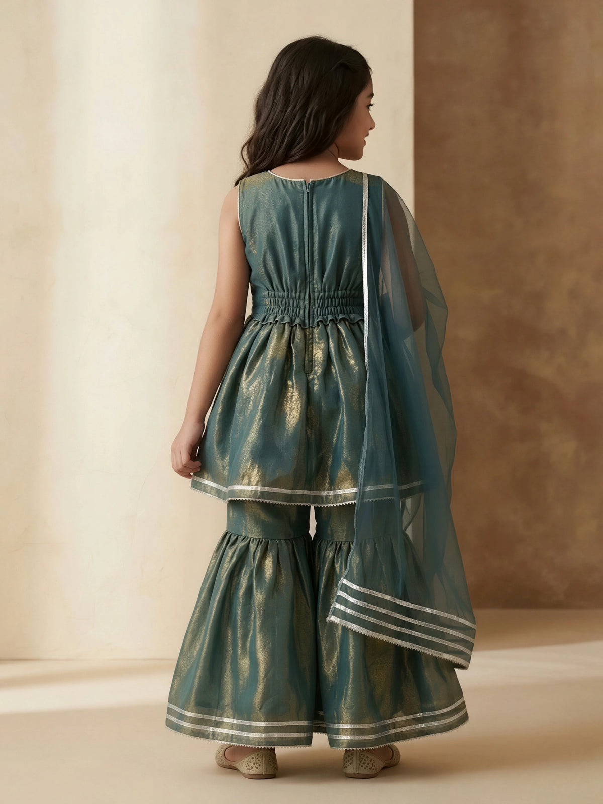 Green Printed Kurta Sharara Set for Girls