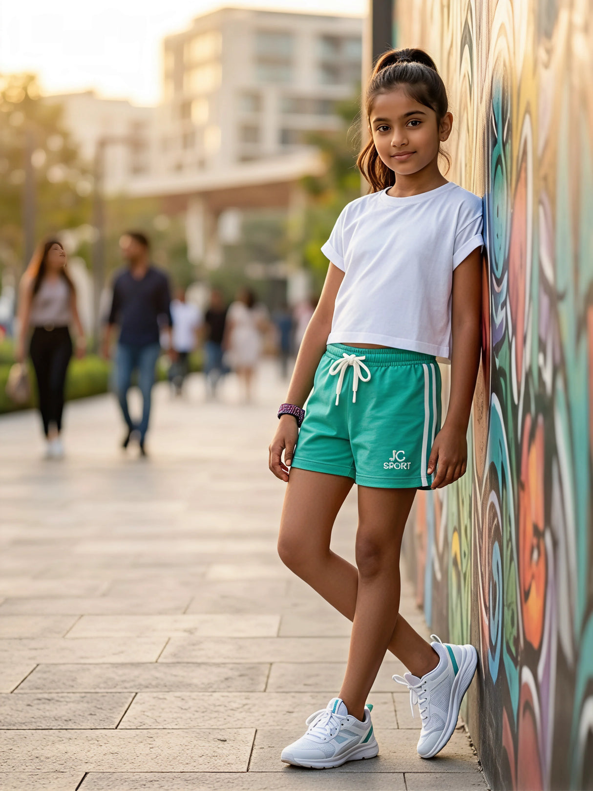 Girls Sporty Sea Green Cotton Shorts with Side Stripes
