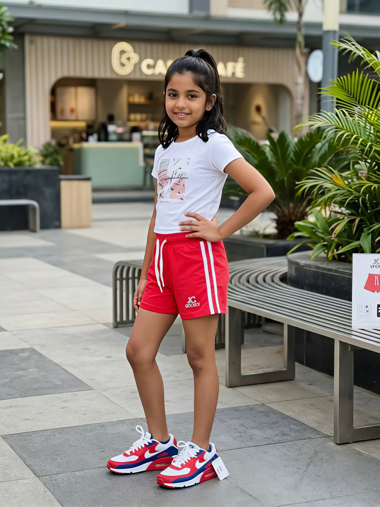 Girls' Vibrant Red Athletic Shorts with White Side Stripes