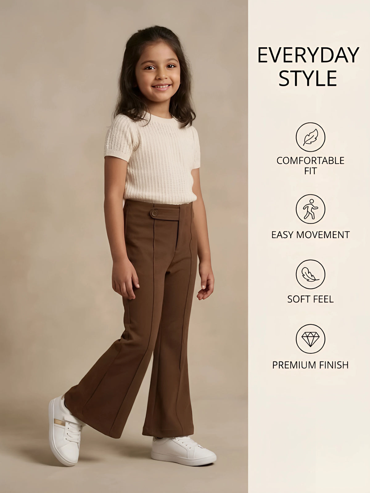 Girls Brown High-Waist Flare Casual Pants.