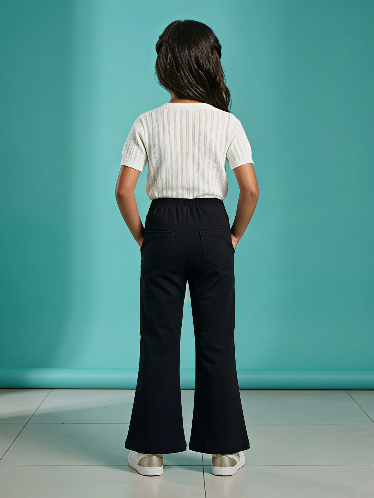 Girls Black High-Waist Flared Casual Pants.
