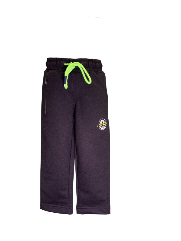 Boys' solid black knit jogger pants with an elastic waist, bright neon green drawstring, side zip pocket, and a sporty circular chest patch graphic.
Export to Sheets