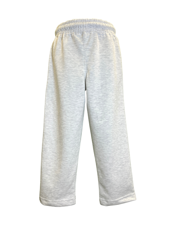 Boys' light grey knit jogger pants with a gathered elastic waistband, navy/white drawstring, side zipper pocket, and a circular sport patch graphic.
Export to Sheets