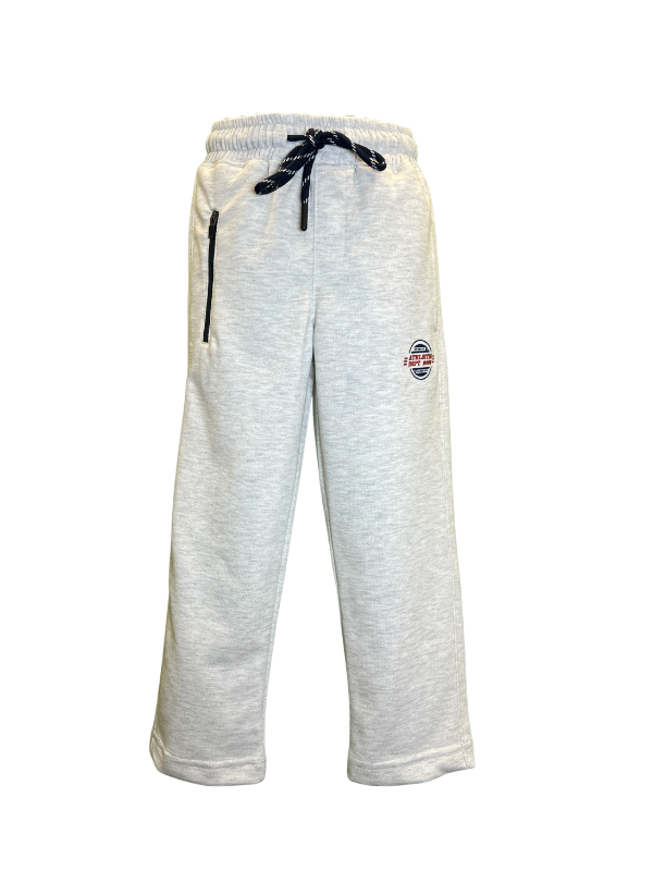 Boys' light grey knit jogger pants with a gathered elastic waistband, navy/white drawstring, side zipper pocket, and a circular sport patch graphic.
Export to Sheets