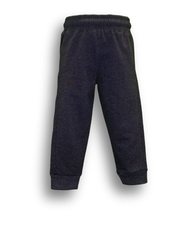 Close-up view of a pair of dark charcoal grey marl boys' joggers with a thick elastic waistband, bright orange drawstring, side zipper detail, and a 'BE STRONG' graphic on the side seam.