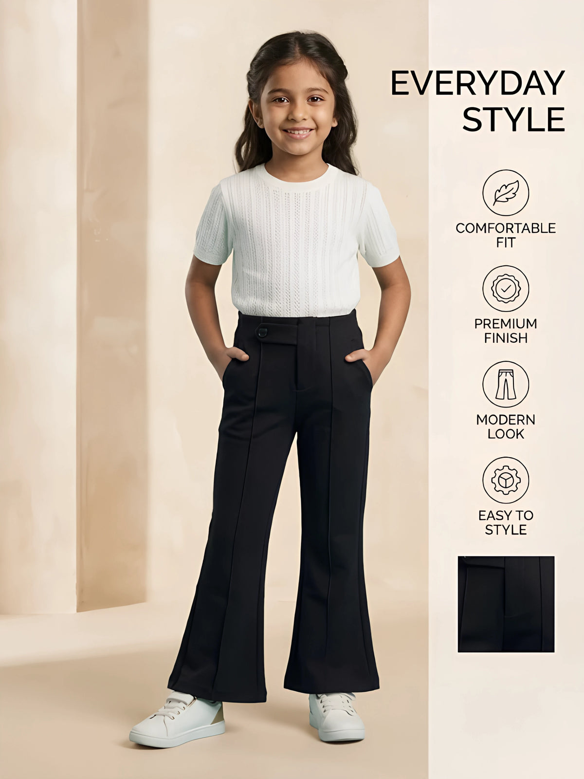 Girls Black High-Waist Flared Casual Pants.