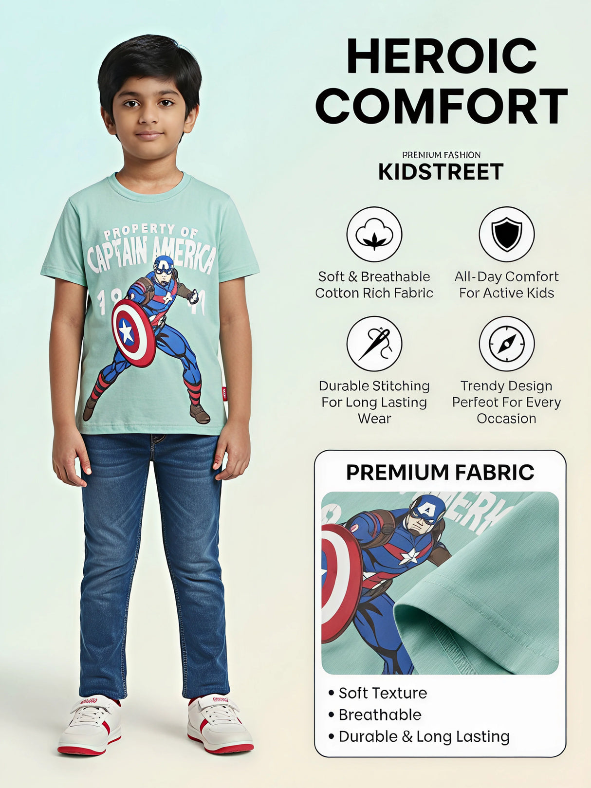Boys Green Captain America Printed T-Shirt