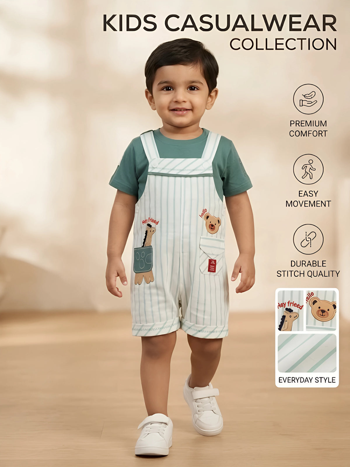 Infant Boys Green Striped Dungaree Set.