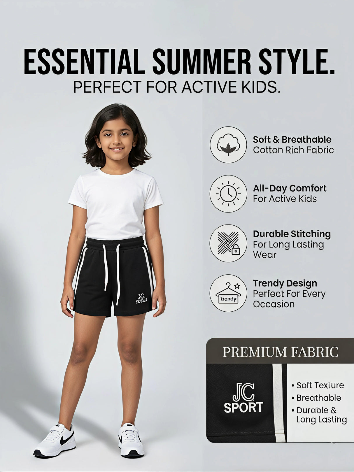 Girls Black Sporty Shorts with Side Stripes