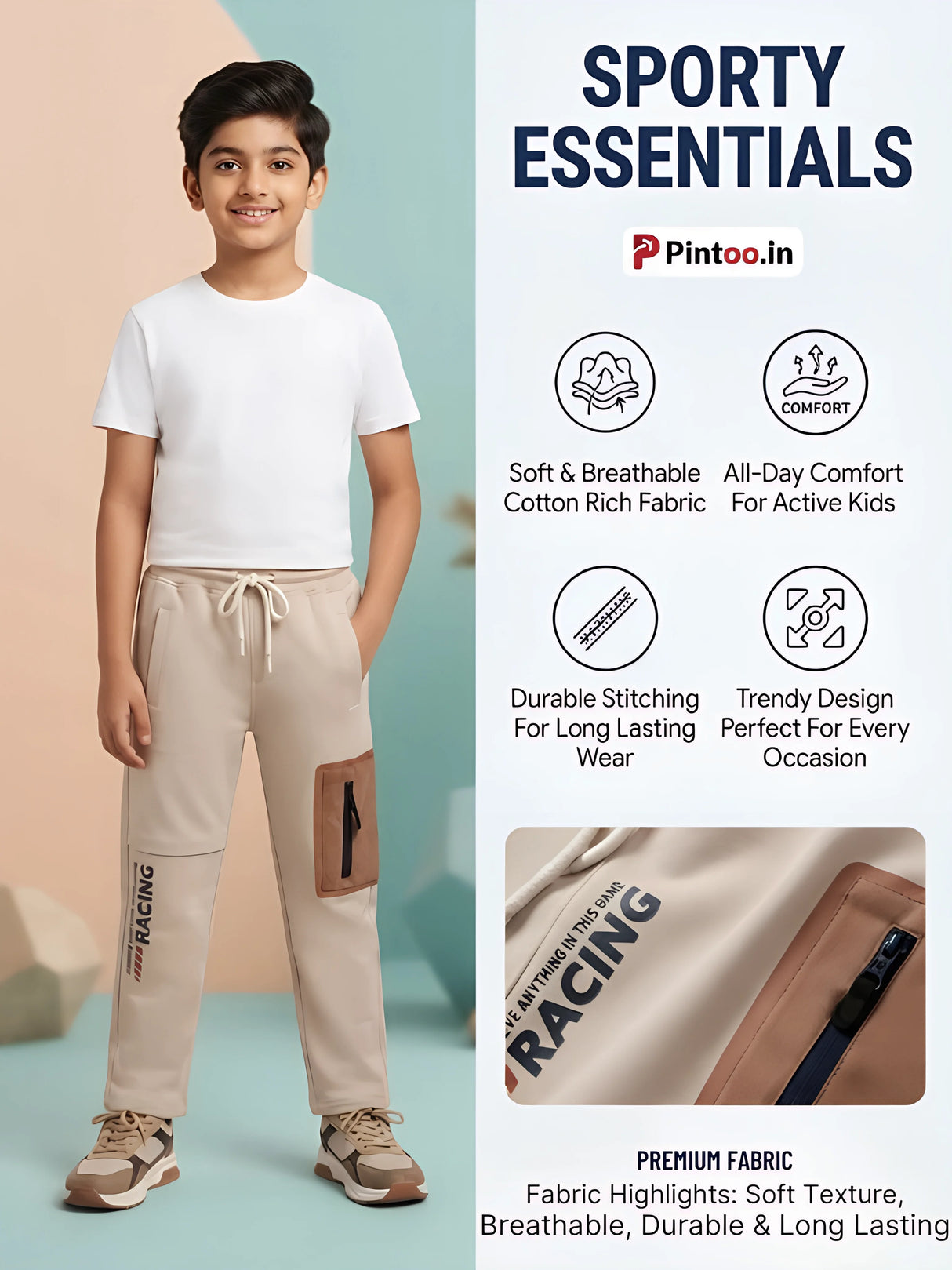 Boys Cream Stylish Cargo Track Pants with Drawstring & Pocket Detail