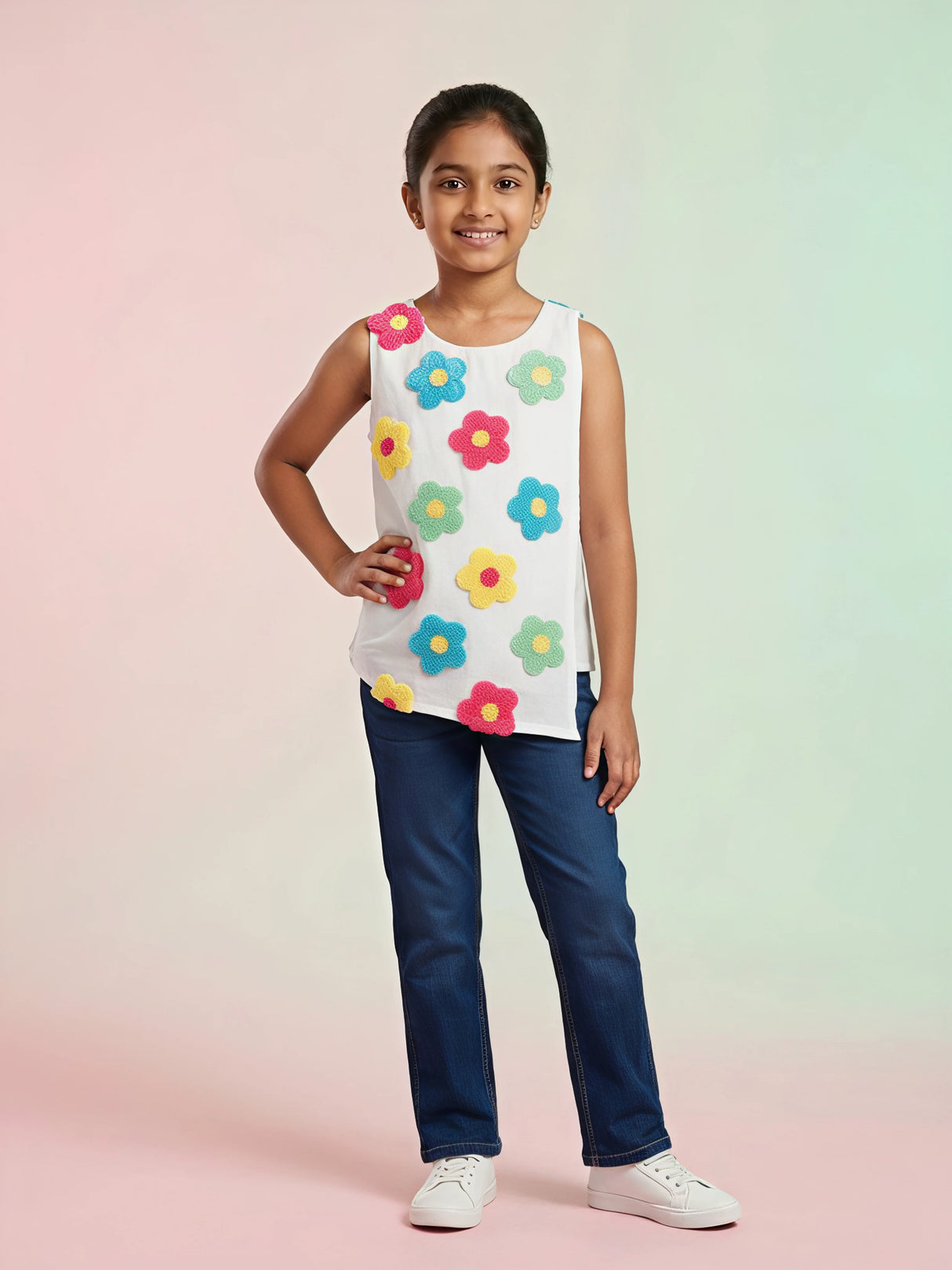 Girls White Floral Chenille Patch Cotton Top