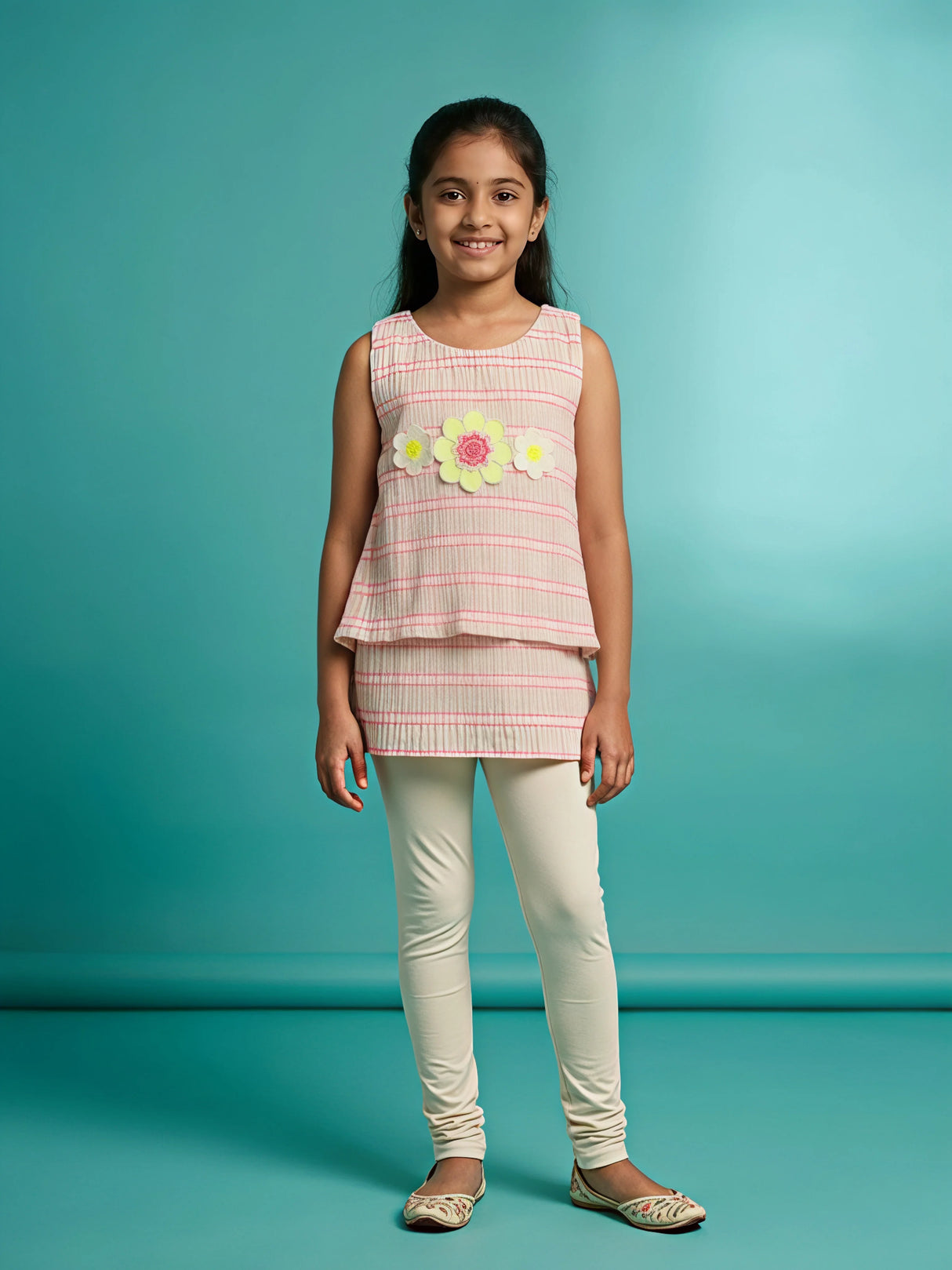 Girls Pink Striped Floral Sleeveless Top
