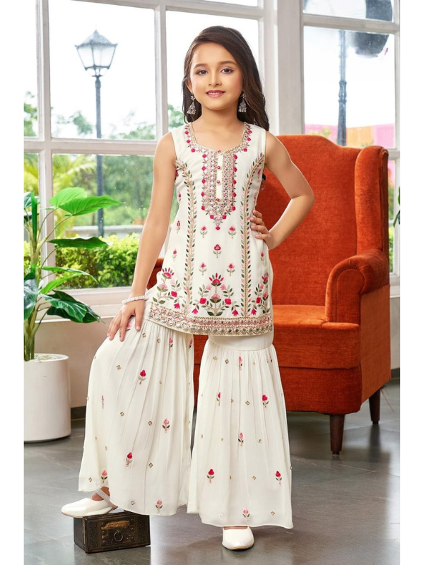 Girls Traditional Sleeves Less Ghagara Set - Cream