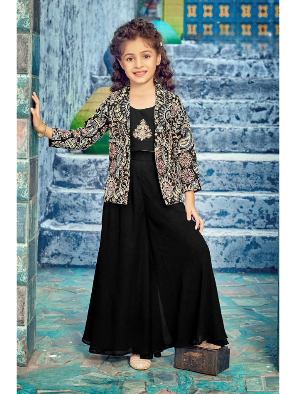 Girls Traditional 3/4th Sleeves Plazo Set - Black