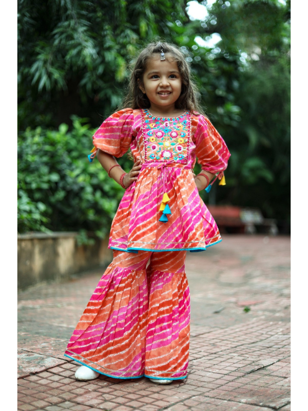 Girls Traditional 3/4th Sleeves Sharara Set - Pink.