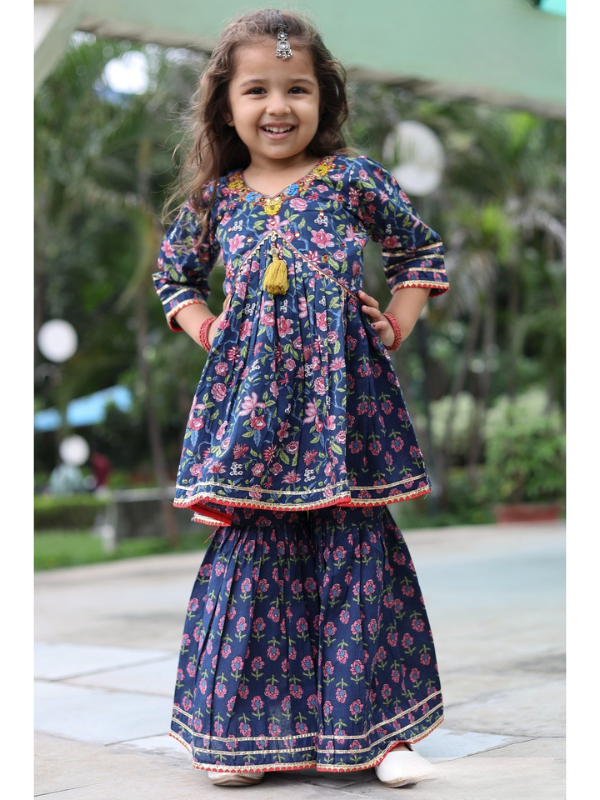 Girls Traditional 3/4th Sleeves Sharara Set - Navy Blue