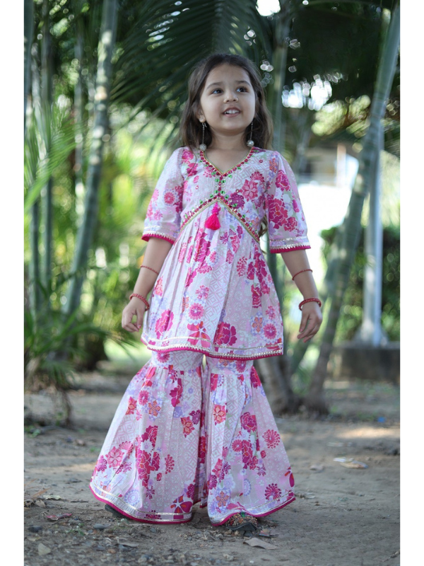 Girls Traditional 3/4th Sleeves Sharara Set - Pink