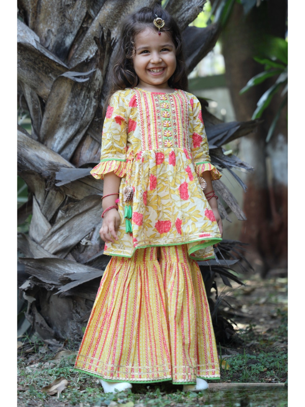 Girls Traditional 3/4th Sleeves Sharara Set - Yellow
