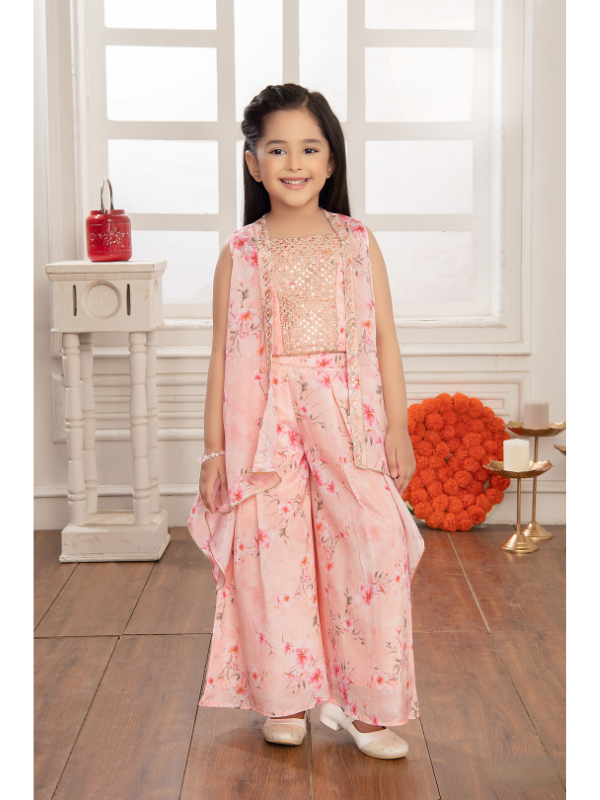 Girls Traditional Sleeves Less Plazo Set - Peach