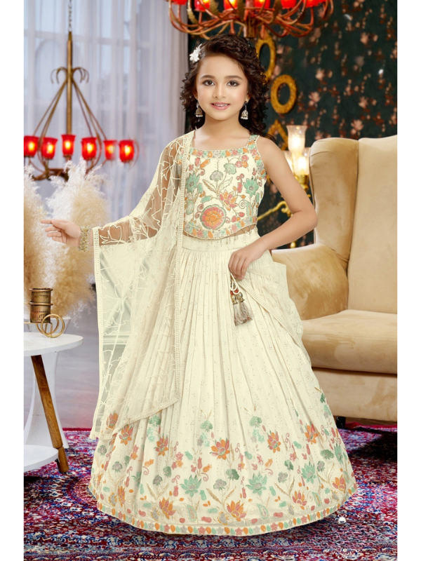 Girls Traditional 3/4th Sleeves Long Choli - Cream