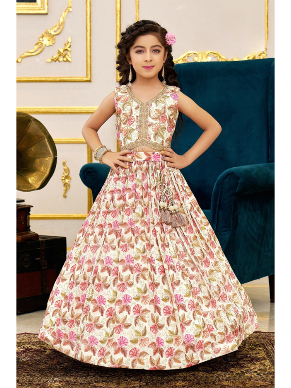 Girls Traditional Sleeves Less Long Choli - Cream