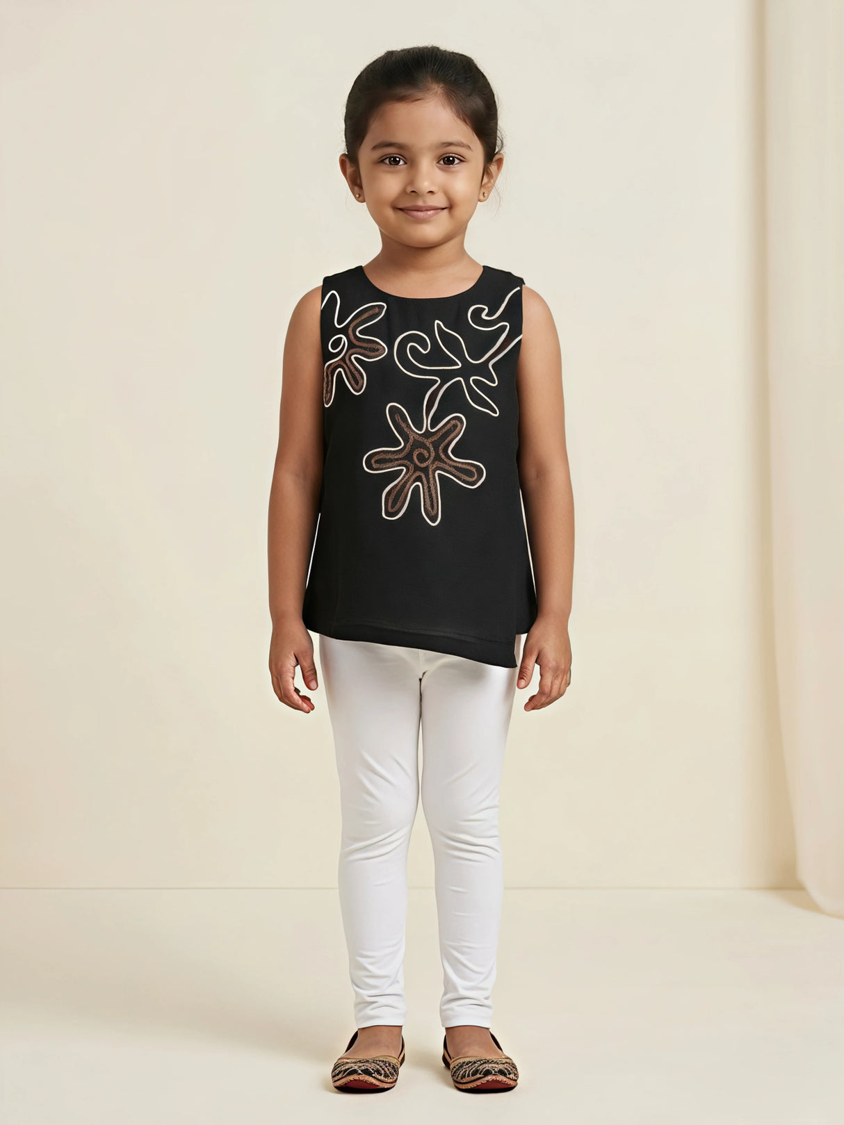 Girls Black Floral Embroidered Sleeveless Top