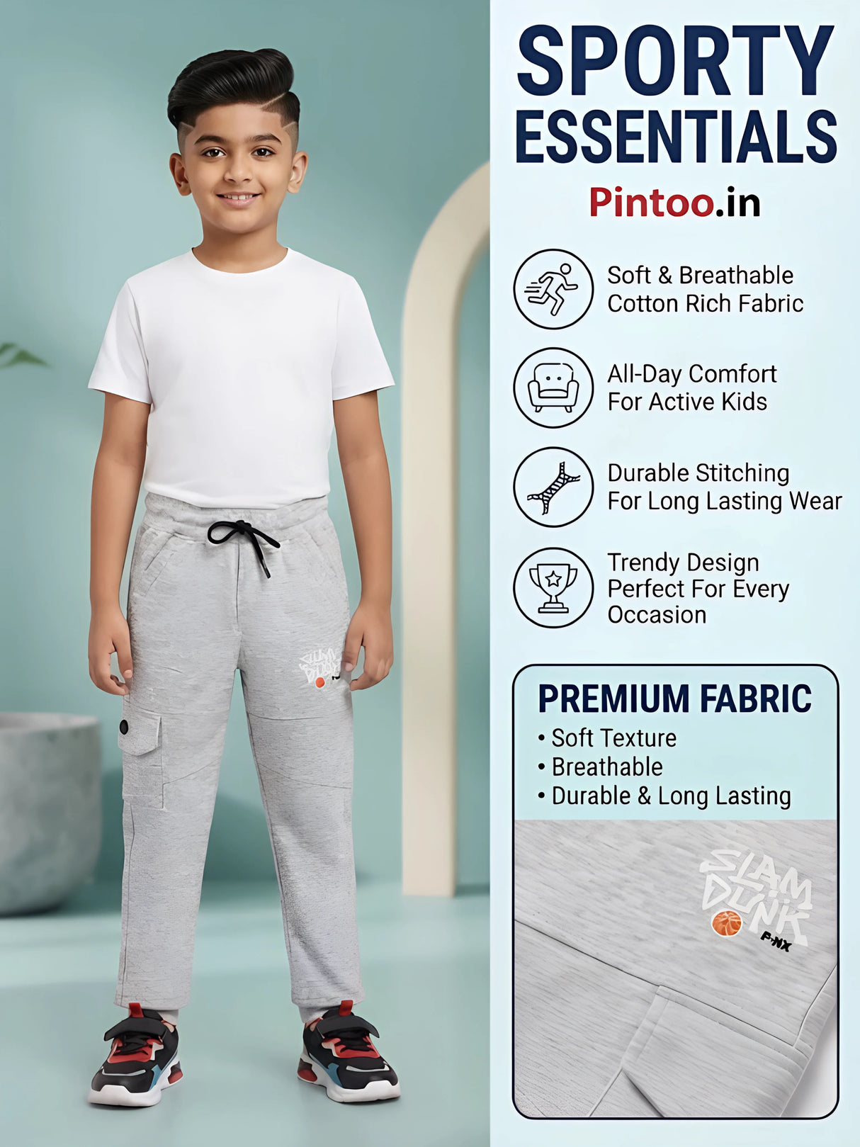 Boys Light Grey Casual Cargo Trackpants with Elastic Waistband & Contrast Drawstring