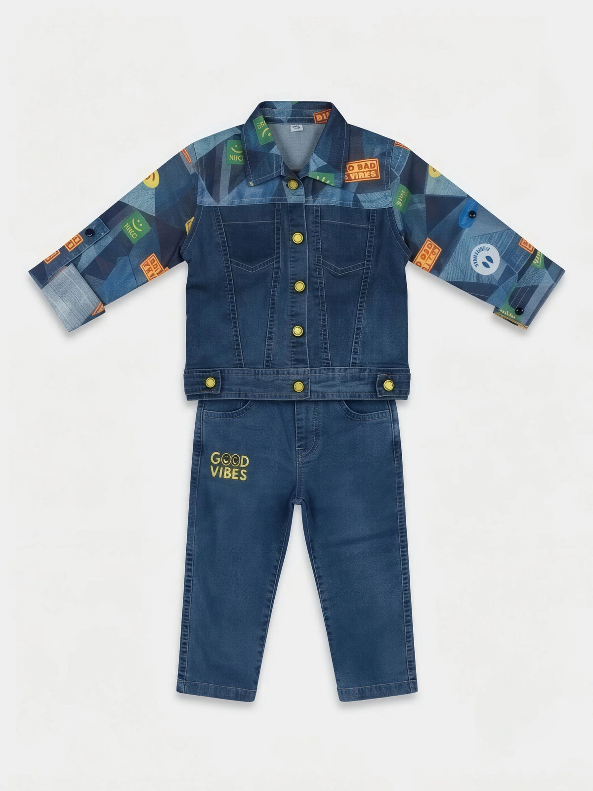 Boys Blue Printed Denim Jacket Set with Yellow T-Shirt