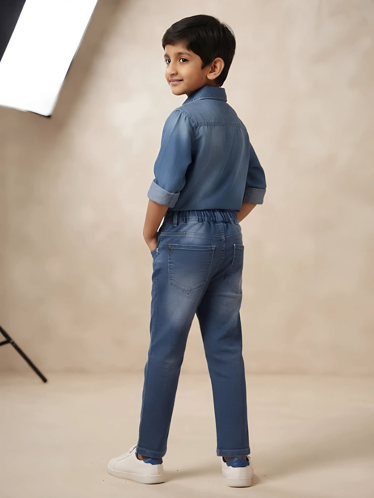 L.Blue Solid Washed Cotton Denim Pant Casual Wear