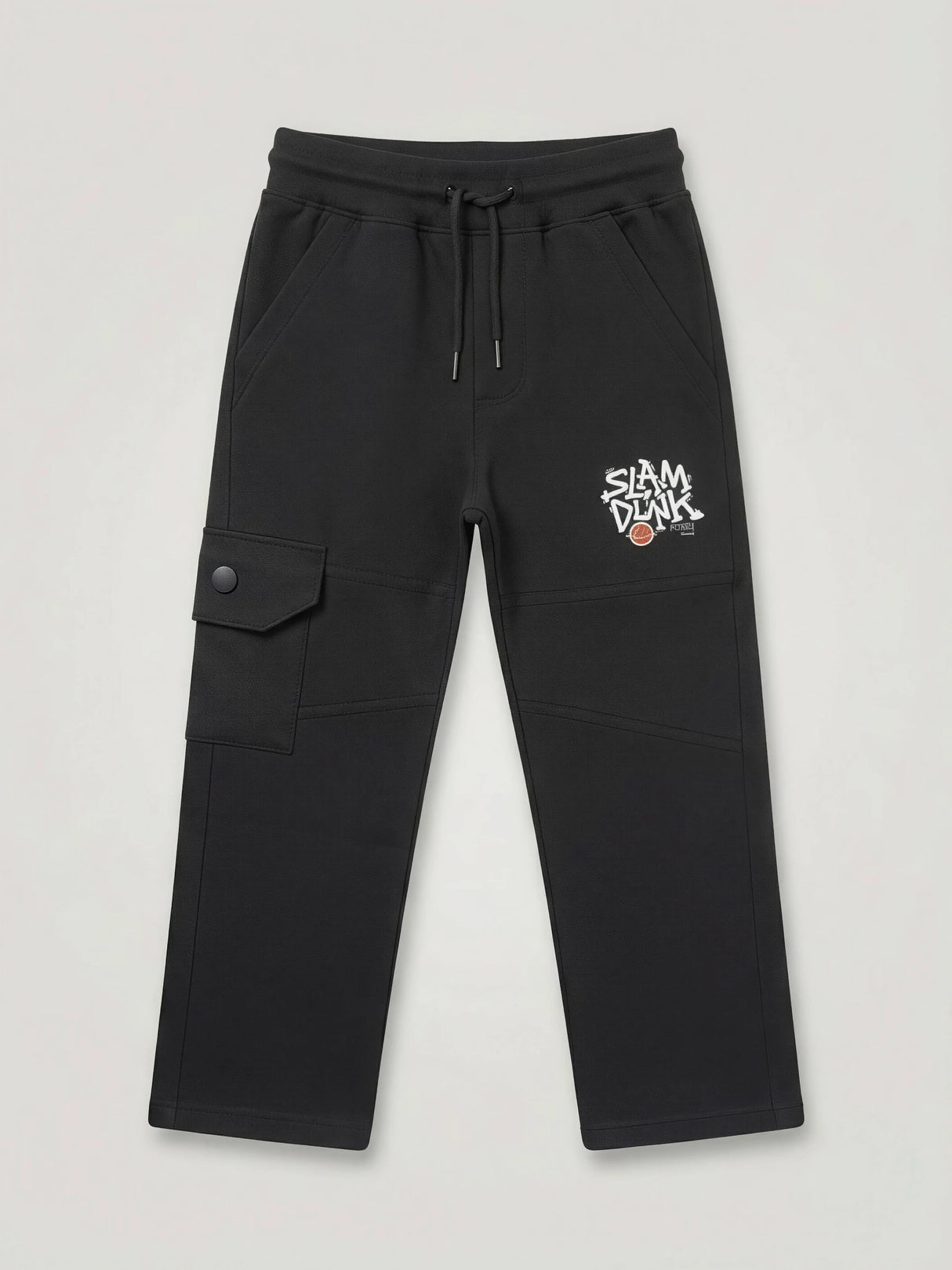 Boys Black Printed Cargo Trackpants with Drawstring