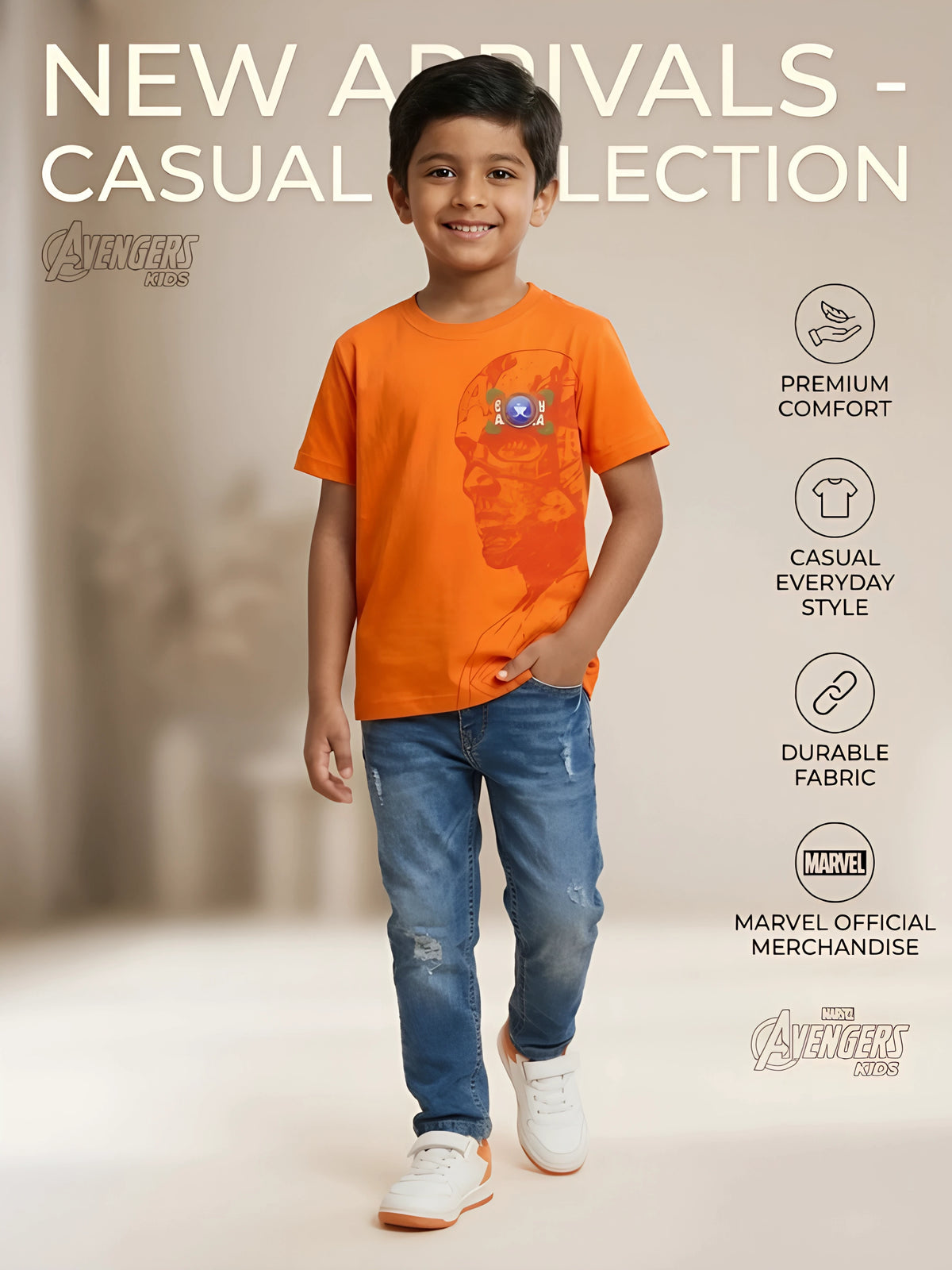 Orange Graphic Print Round Neck T-Shirt Kids Casual Wear