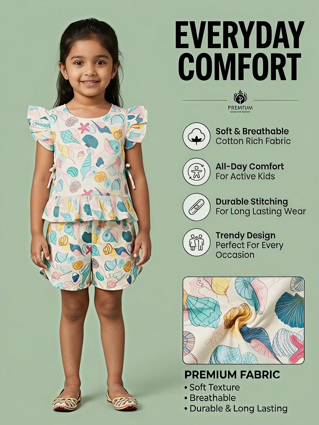 Girls Mint Green Sea Shell Printed Shorts Set.