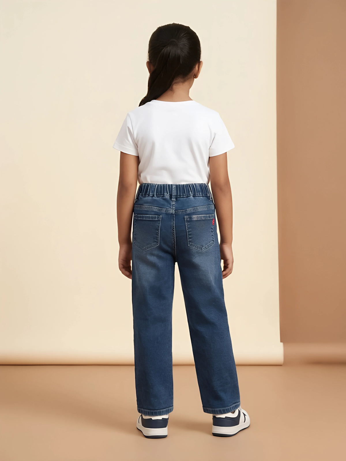 Girls Blue Embroidered Casual Pants.