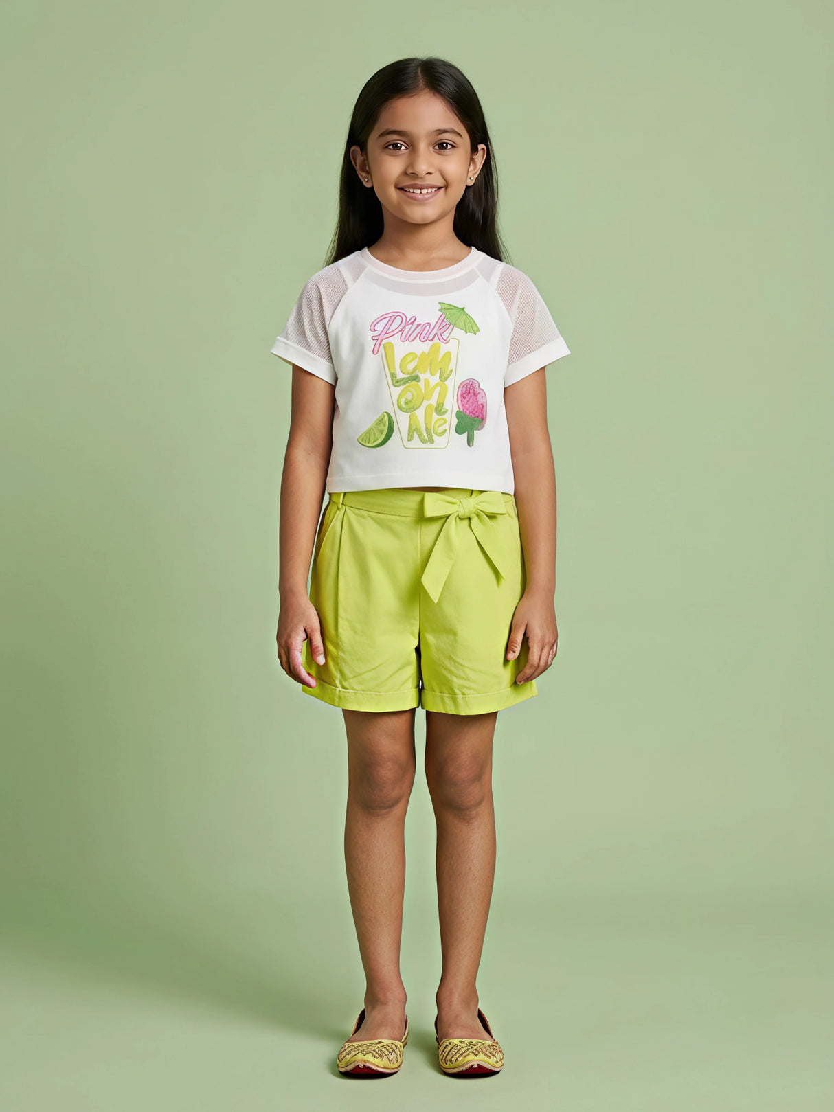 Girls Lime Green Lemonade Print Mesh Top & Shorts Coord Set