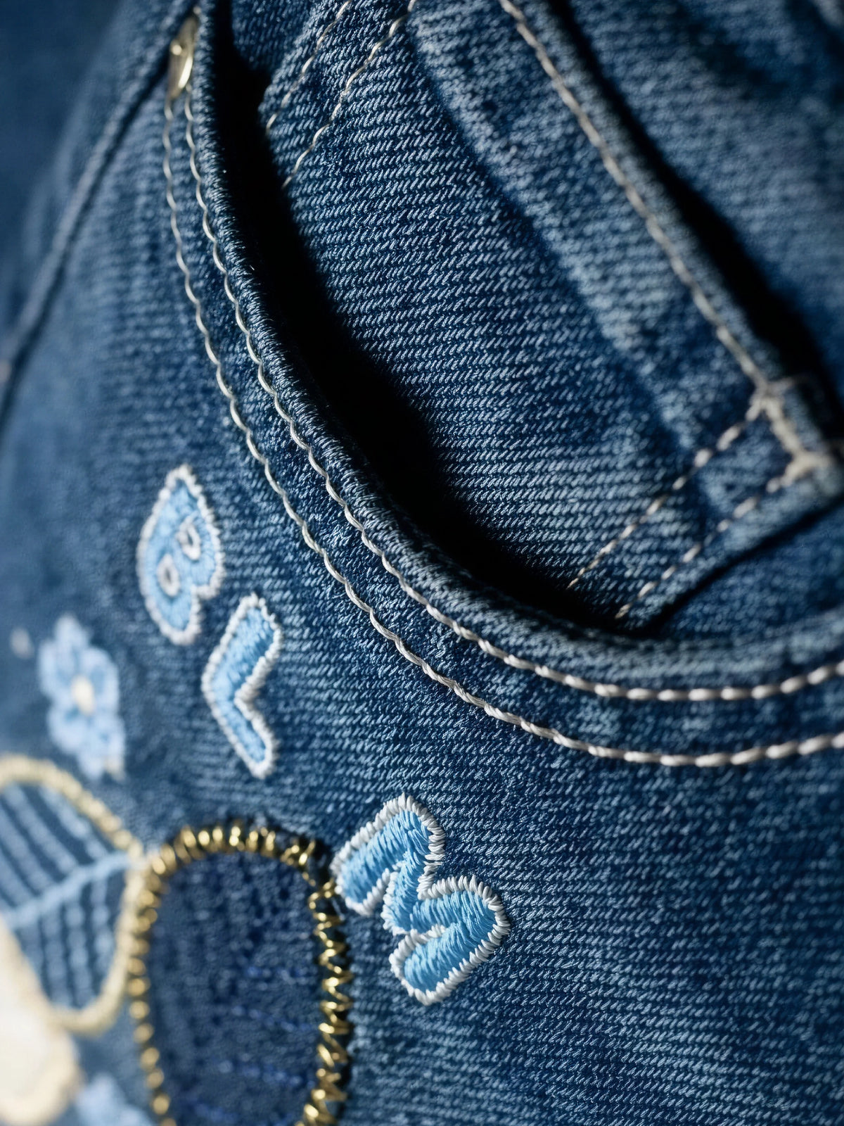 Girls Blue Embroidered Casual Pants.