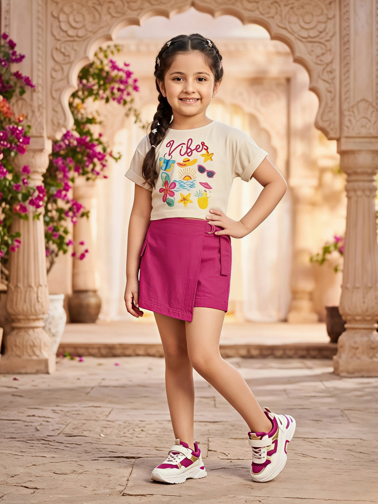 Girls Summer "Vibes" Graphic Tee and Pink Wrap Skirt Set.