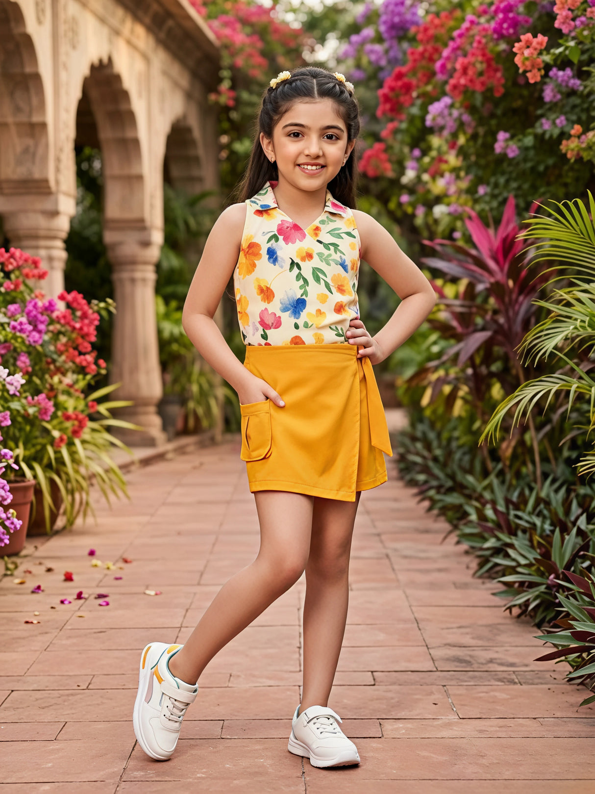 Floral Print Sleeveless Top and Mustard Yellow Wrap Skort Set.