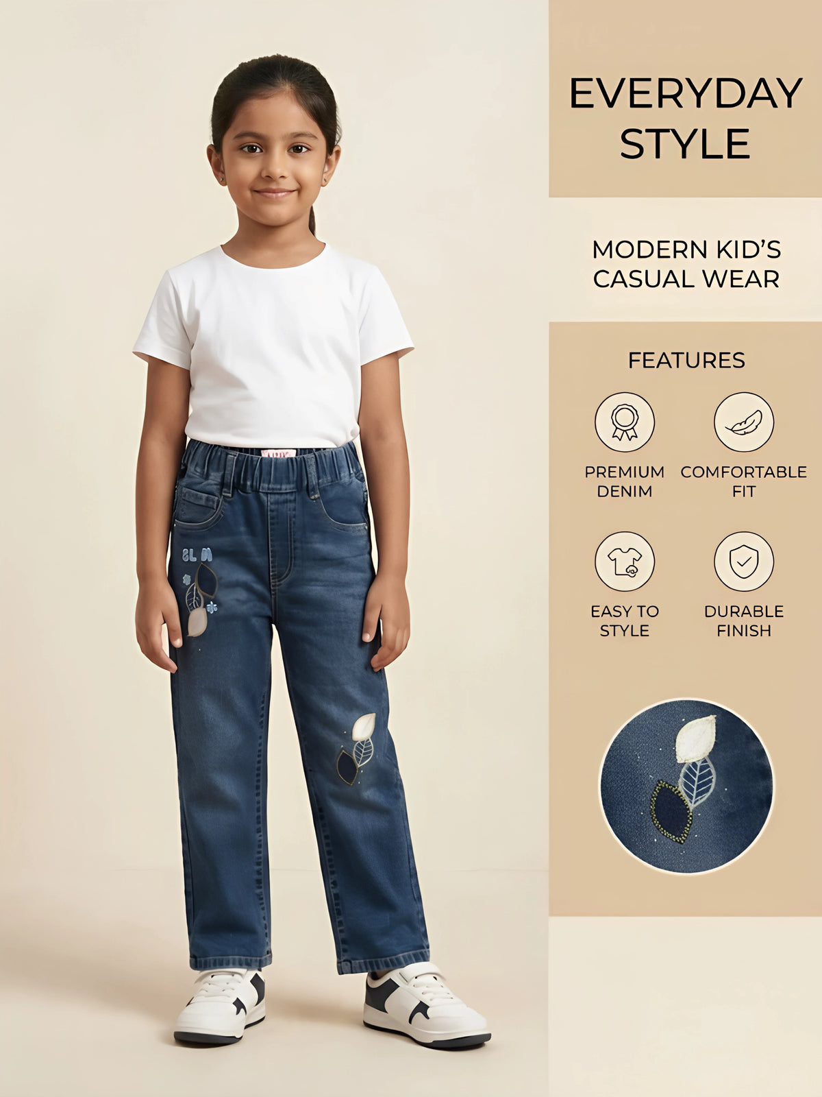 Girls Blue Embroidered Casual Pants.