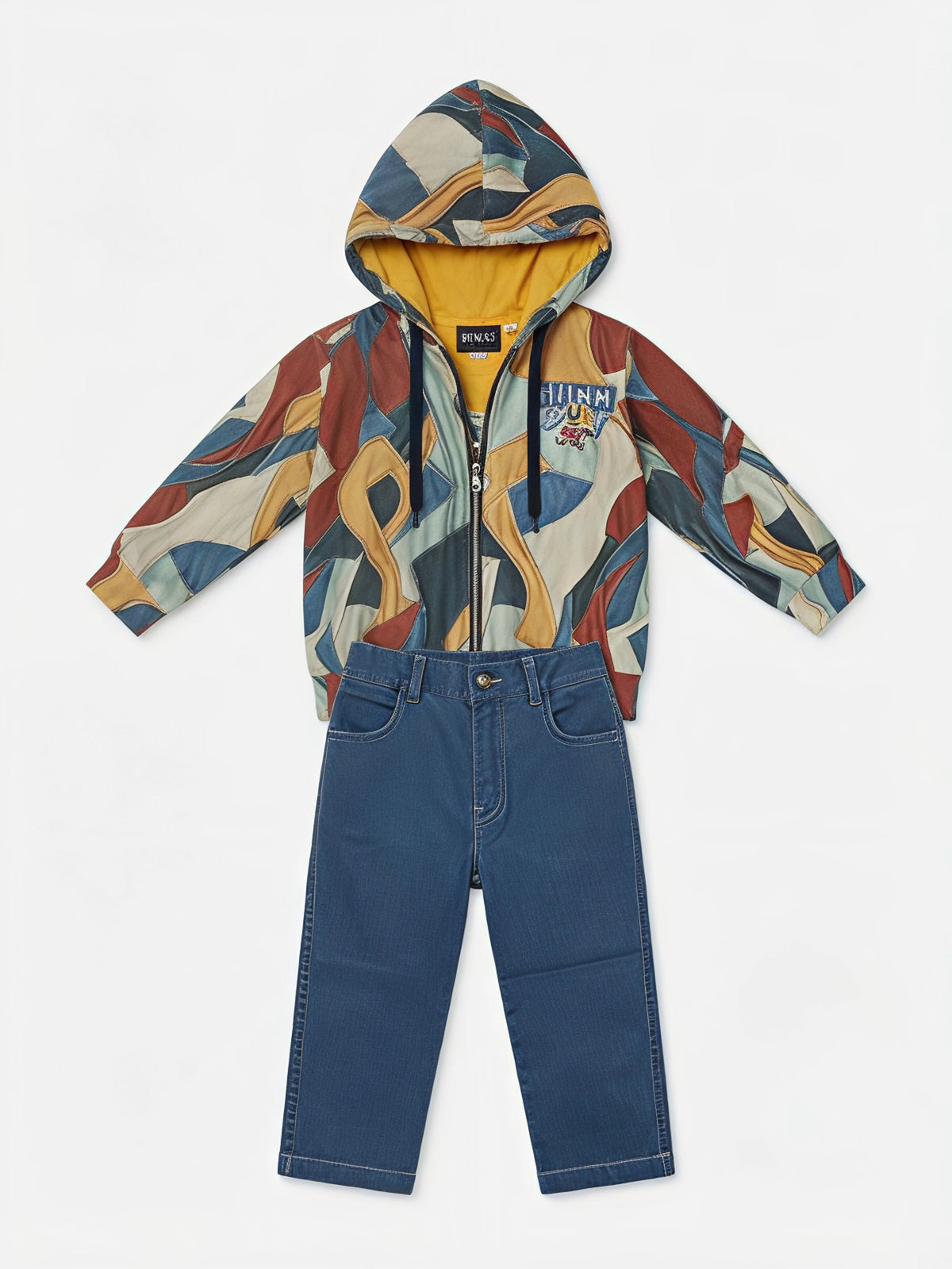 Boys Yellow Hooded Jacket T-Shirt and Jeans Set