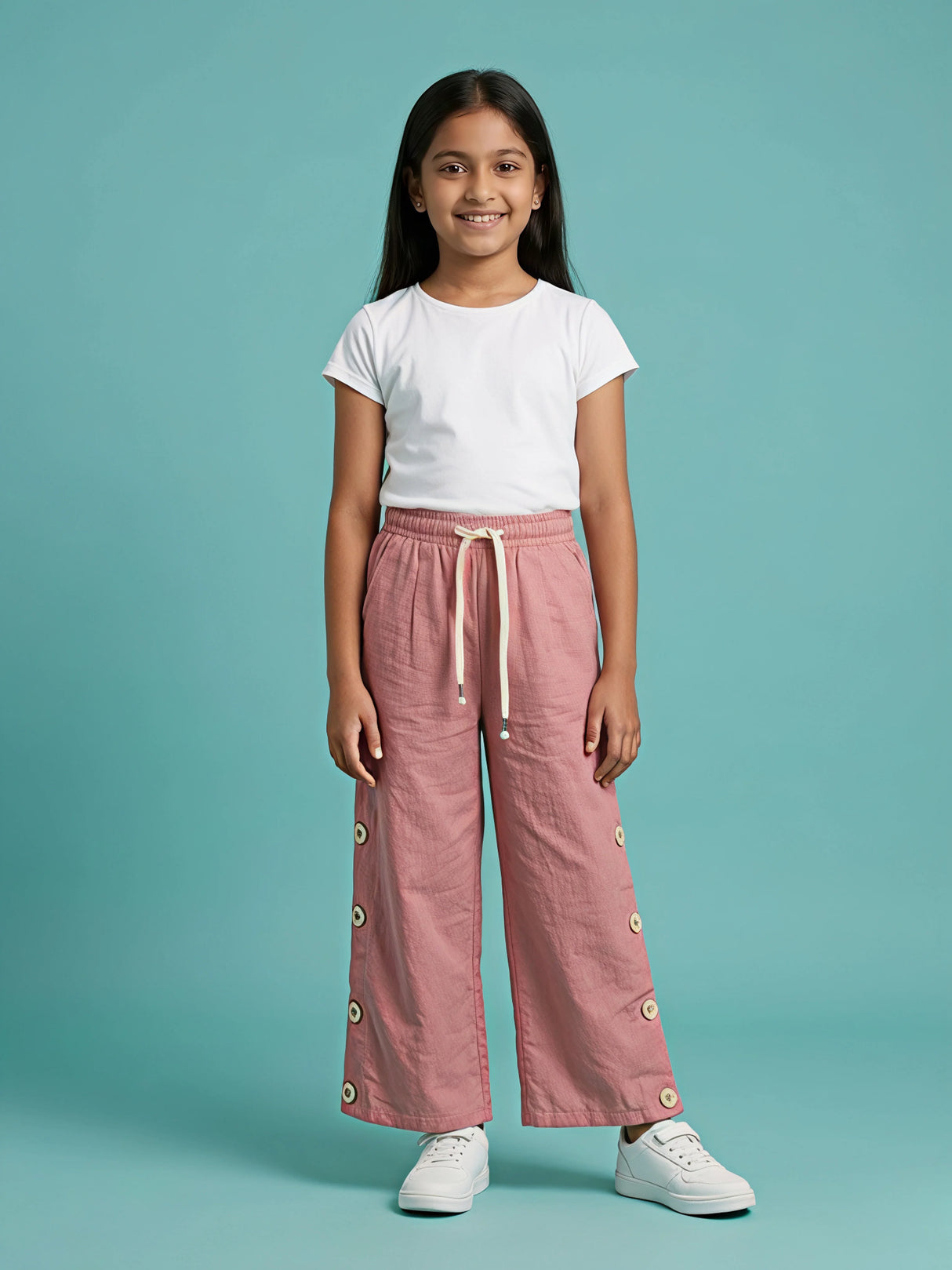 Girls Peach Wide Leg Trackpants with Button Detail