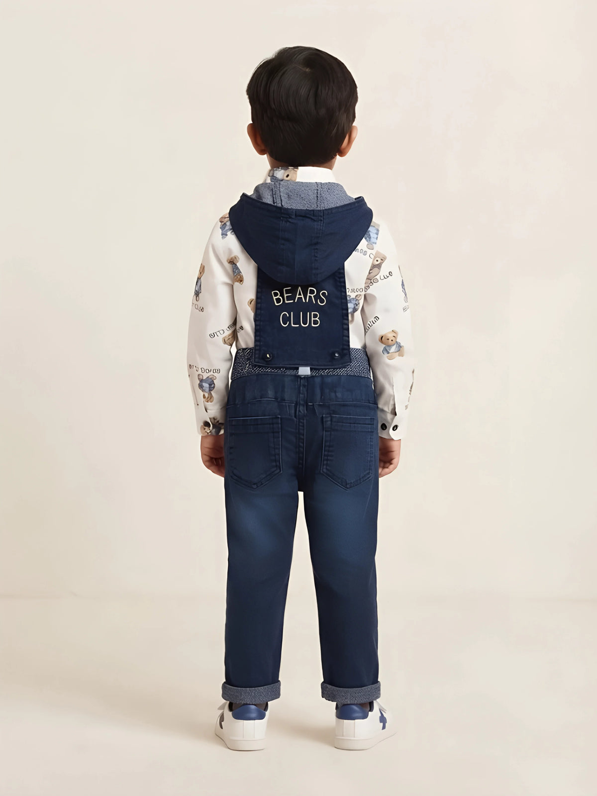 Boys White Teddy Bear Printed Shirt with Dungaree Pants Set
