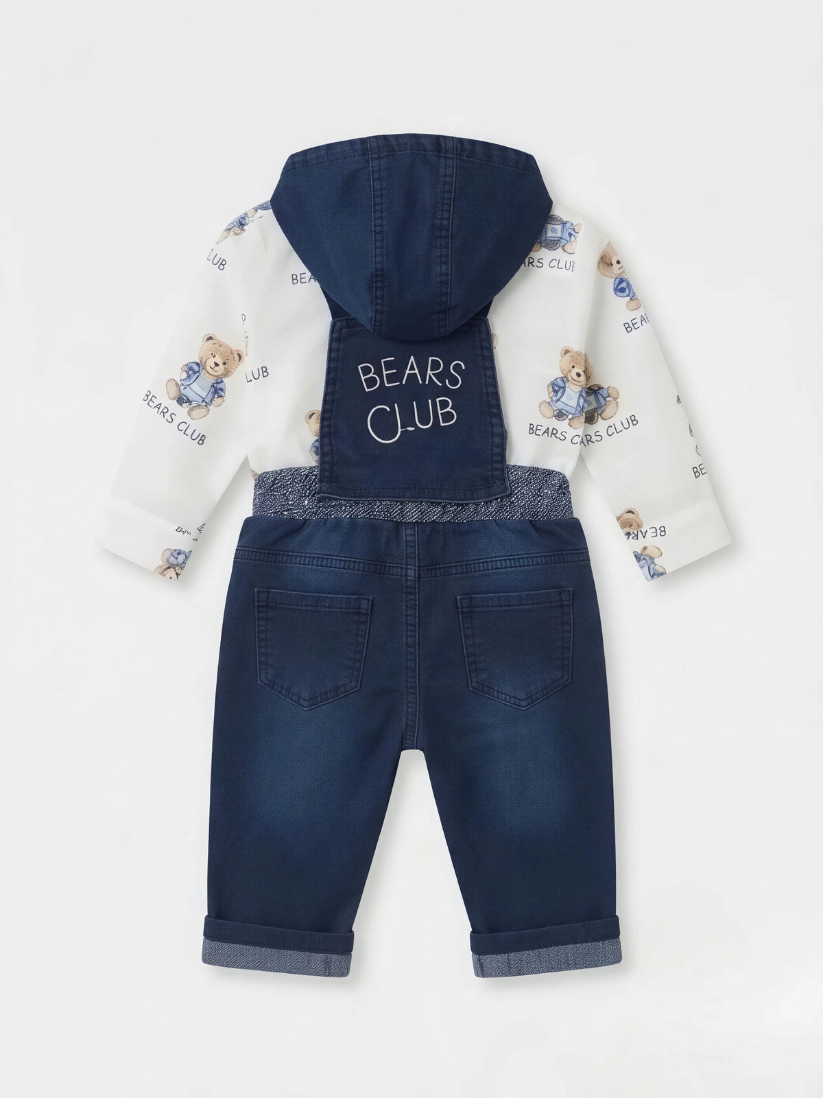 Boys White Teddy Bear Printed Shirt with Dungaree Pants Set