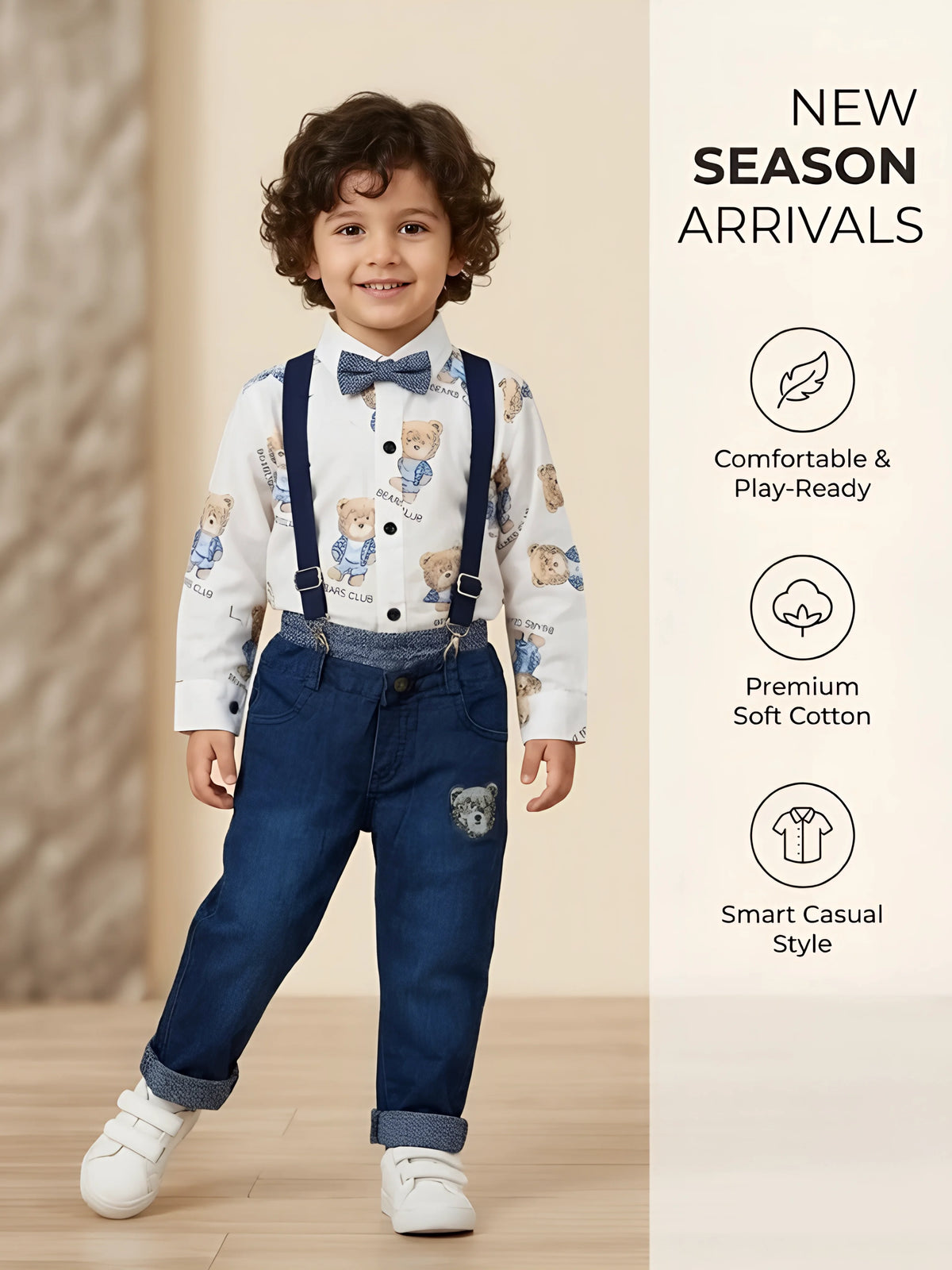 Boys White Teddy Bear Printed Shirt with Dungaree Pants Set
