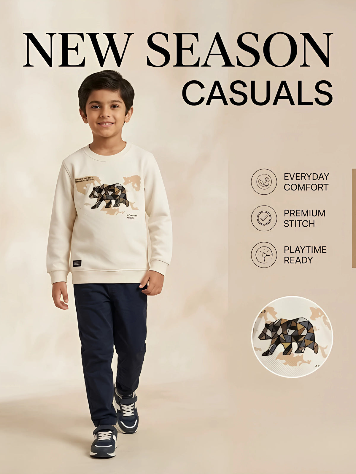 Cream Graphic Print Cotton T-Shirt Kids Casual Wear