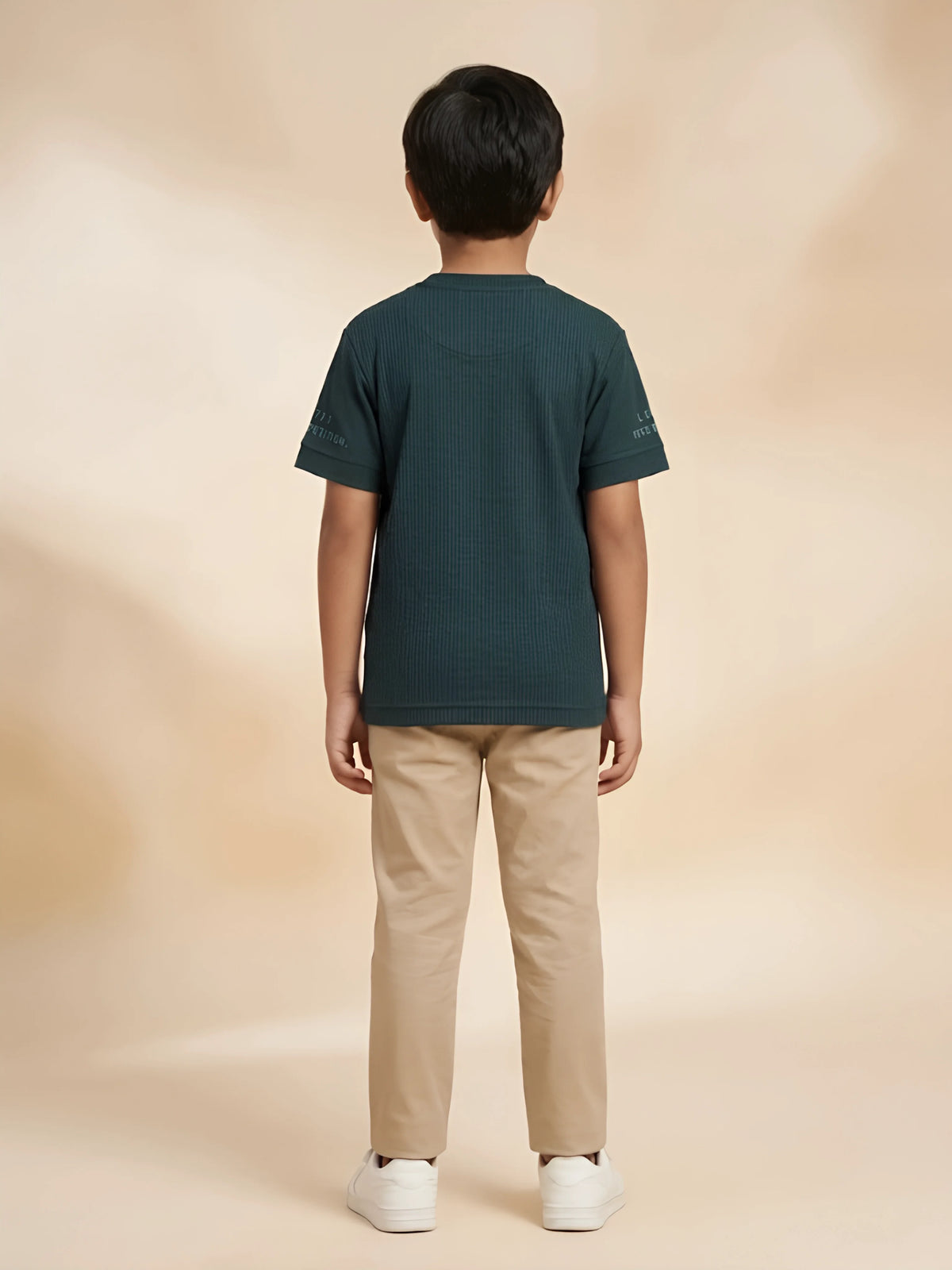 Boys Dark Green Printed Casual T-Shirt.