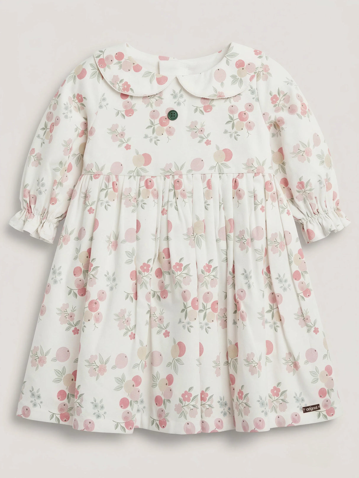 Girls Cream Floral Printed Frock with Peter Pan Collar & Elasticated Puff Sleeves