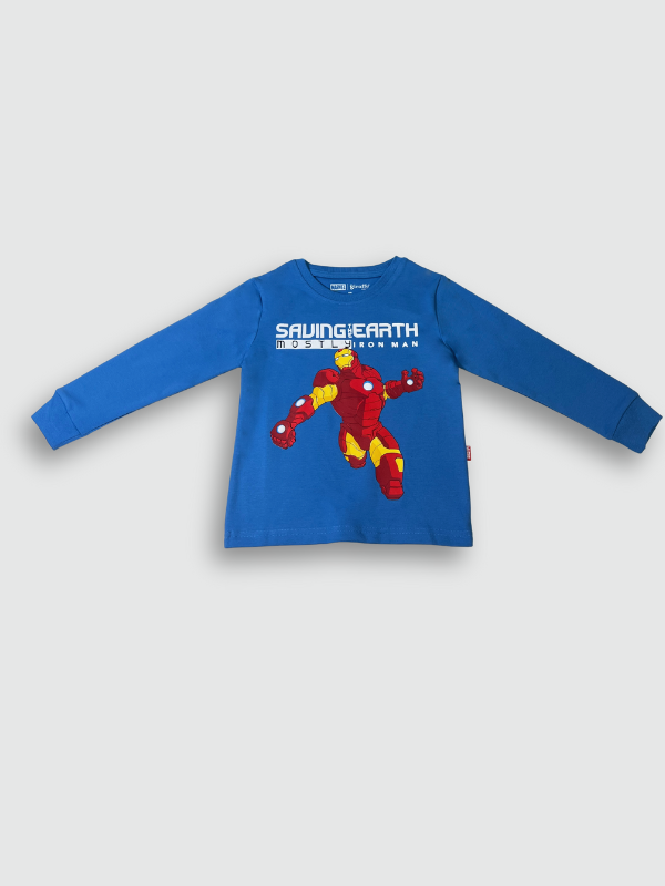 Vibrant royal blue boys' short-sleeve T-shirt with a large, pink/red "GARFIELD!" text graphic and comic-style illustrations running down the right side.
