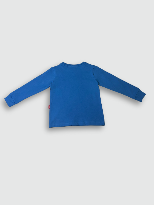 Vibrant royal blue boys' short-sleeve T-shirt with a large, pink/red "GARFIELD!" text graphic and comic-style illustrations running down the right side.